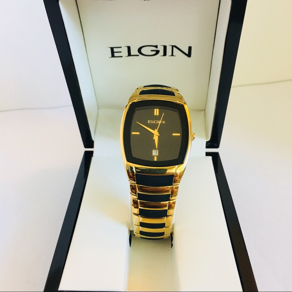 NWT Elgin Women's GoldTone Black Sunray Dial Watch